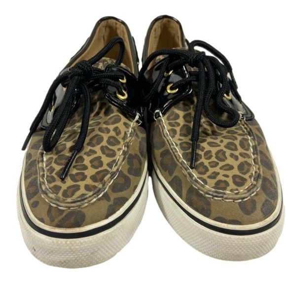 Sperry Topsiders Leopard Print and Black Patent Leather Preppy Animal Print Chic - Picture 1 of 12